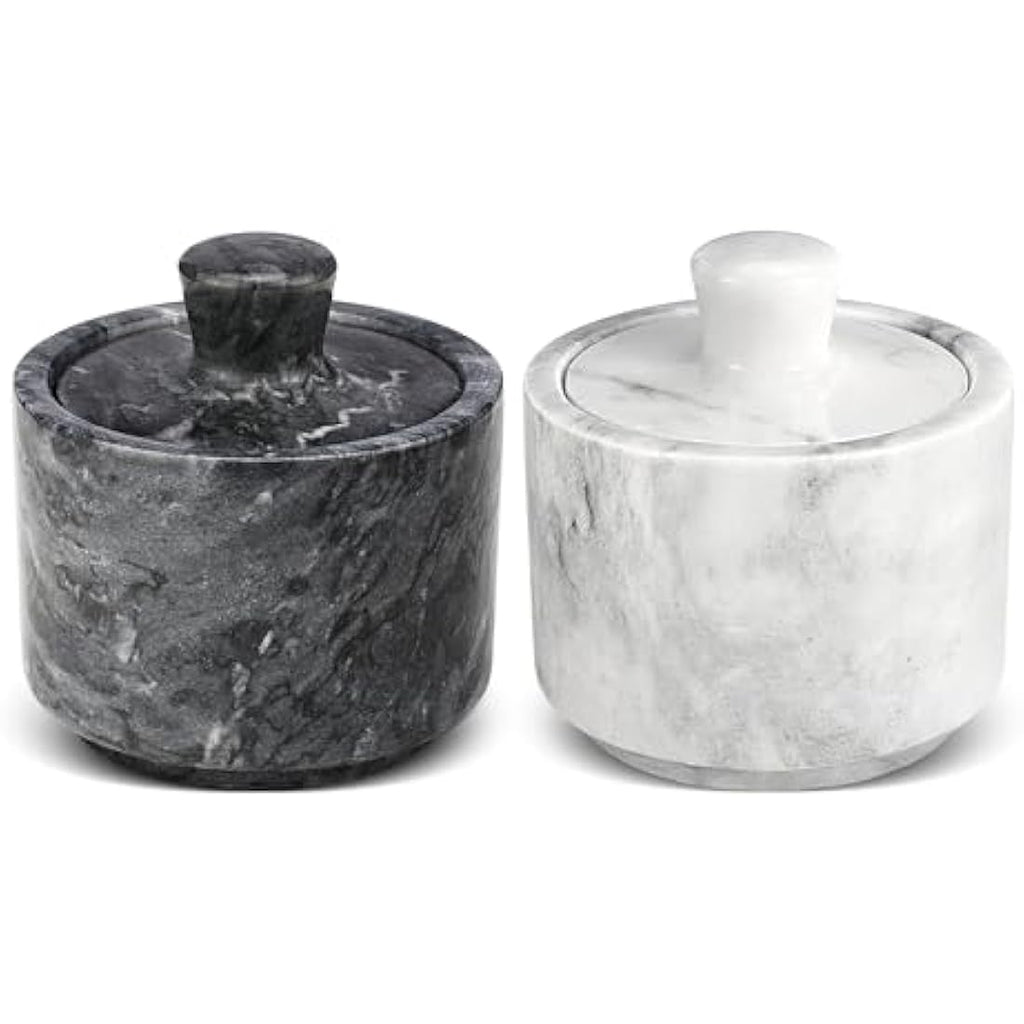 Flexzion Marble Salt Cellar with Lid – Set of 2 Black & White Bowls