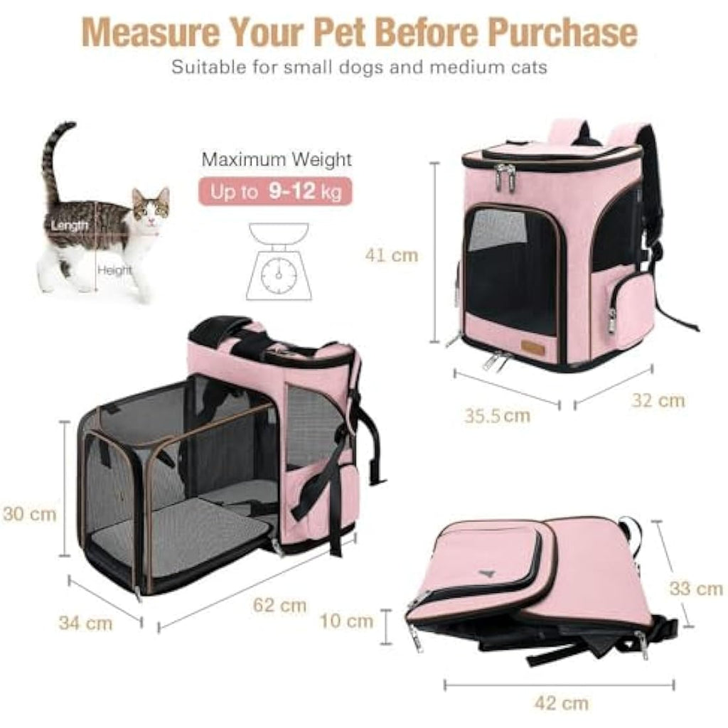 Lekesky Expandable Cat Carrier Backpack | Breathable Pet Rucksack - Pink