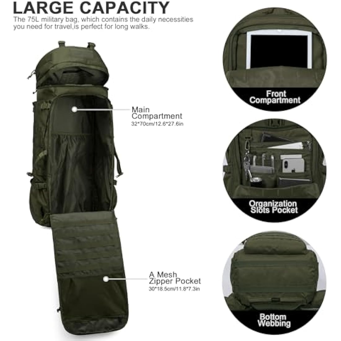 Mardingtop 75L Tactical Backpack | 600D Polyester Military Rucksack