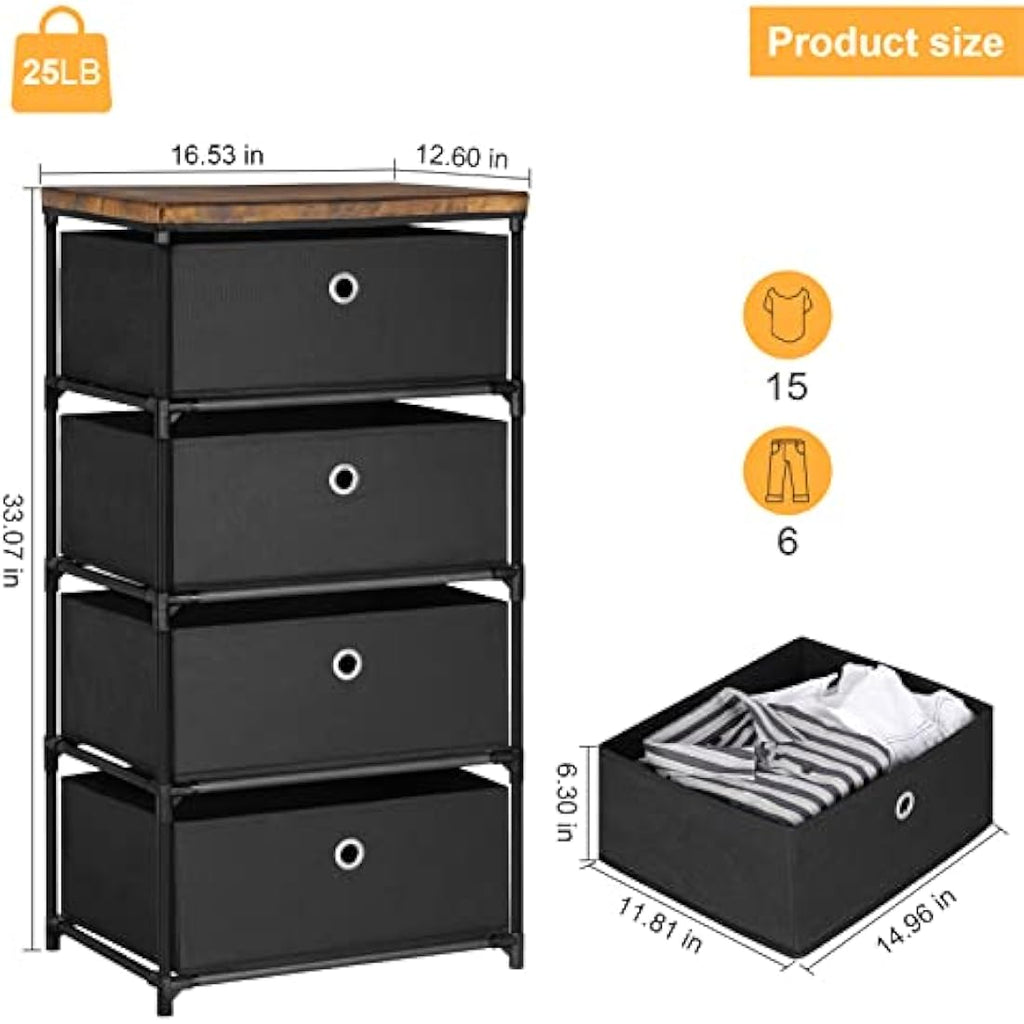 LIANTRAL 4-Drawer Fabric Dresser | Steel Frame Storage Organizer – Black