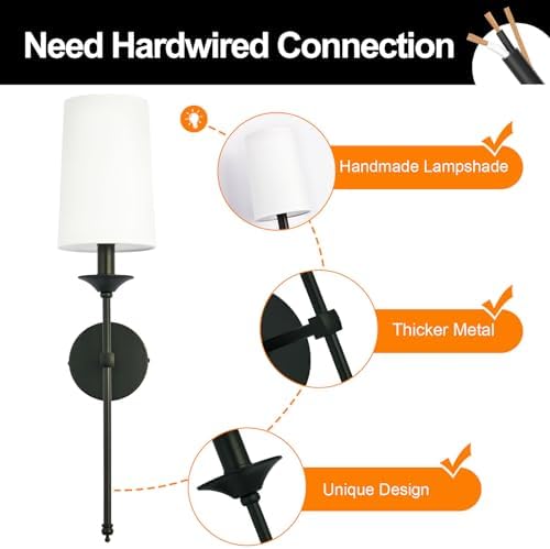 Passica Decor Black Wall Sconces Set of 2 | Farmhouse Fabric Shade Lights