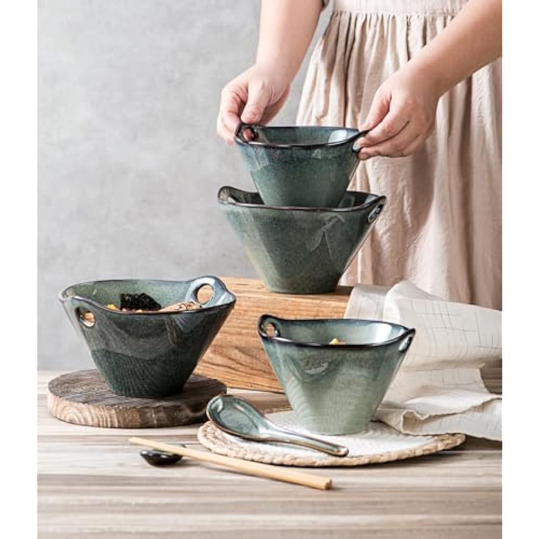 Henten Home Ceramic Ramen Bowl Set of 2 – 780ml Green Reactive Glaze