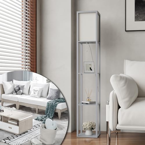 PULUOMIS Modern Wooden Floor Lamp with 3-Tier Shelves - Grey, 160cm