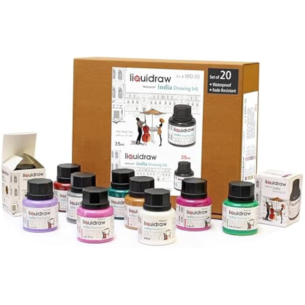 Liquidraw Coloured Drawing Ink Set – 20 Assorted Waterproof Indian Inks