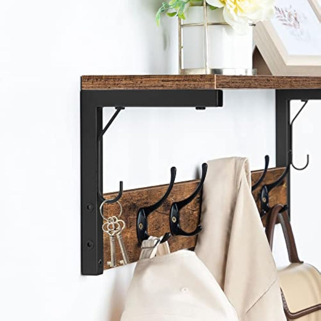 HOOBRO Wall-Mounted Coat Rack with Shelf - 7 Hooks, Rustic Brown