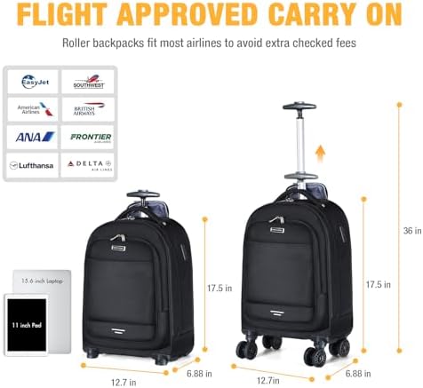Ponhog 15.6 Inch Laptop Wheeled Backpack – 4 Spinner Wheel Trolley