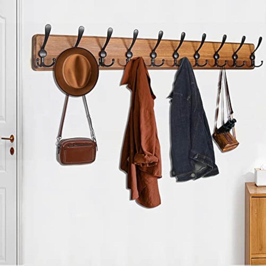 WEBI 98cm Solid Wood Wall Mounted Coat Rack with 10 Triple Hooks