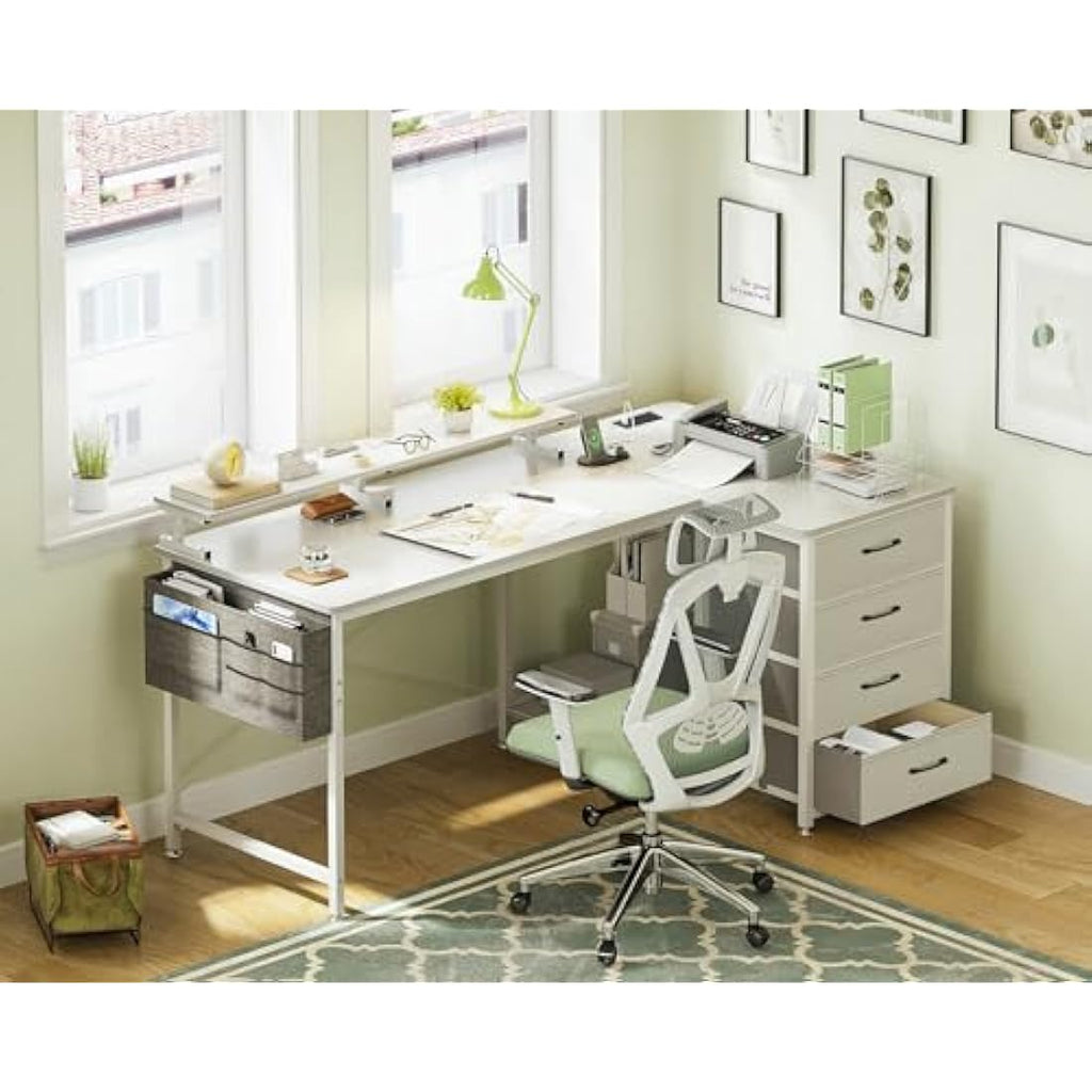 ODK L-Shaped Corner Desk with Drawers, Power Outlets & Monitor Stand - White