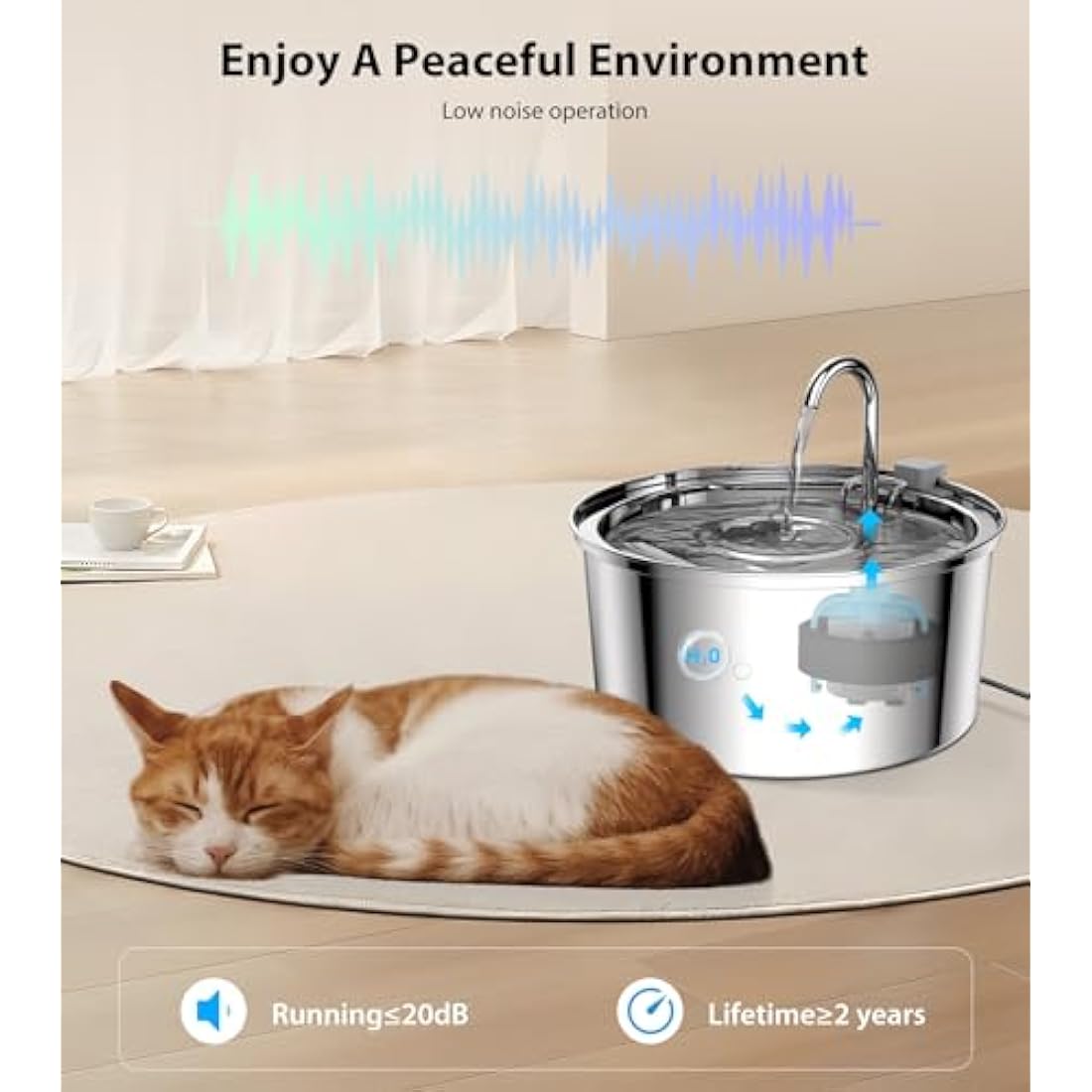 TOMXCUTE 3.2L Stainless Steel Cat Water Fountain | Ultra-Quiet Pet Dispenser