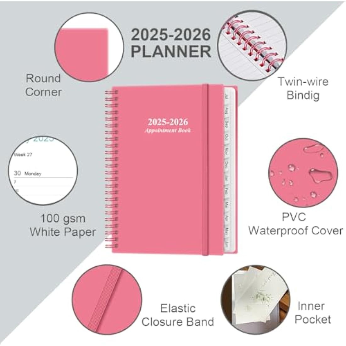 Jolof Store 2024-2025 Hourly Appointment Book - A5 Weekly Planner, Pink