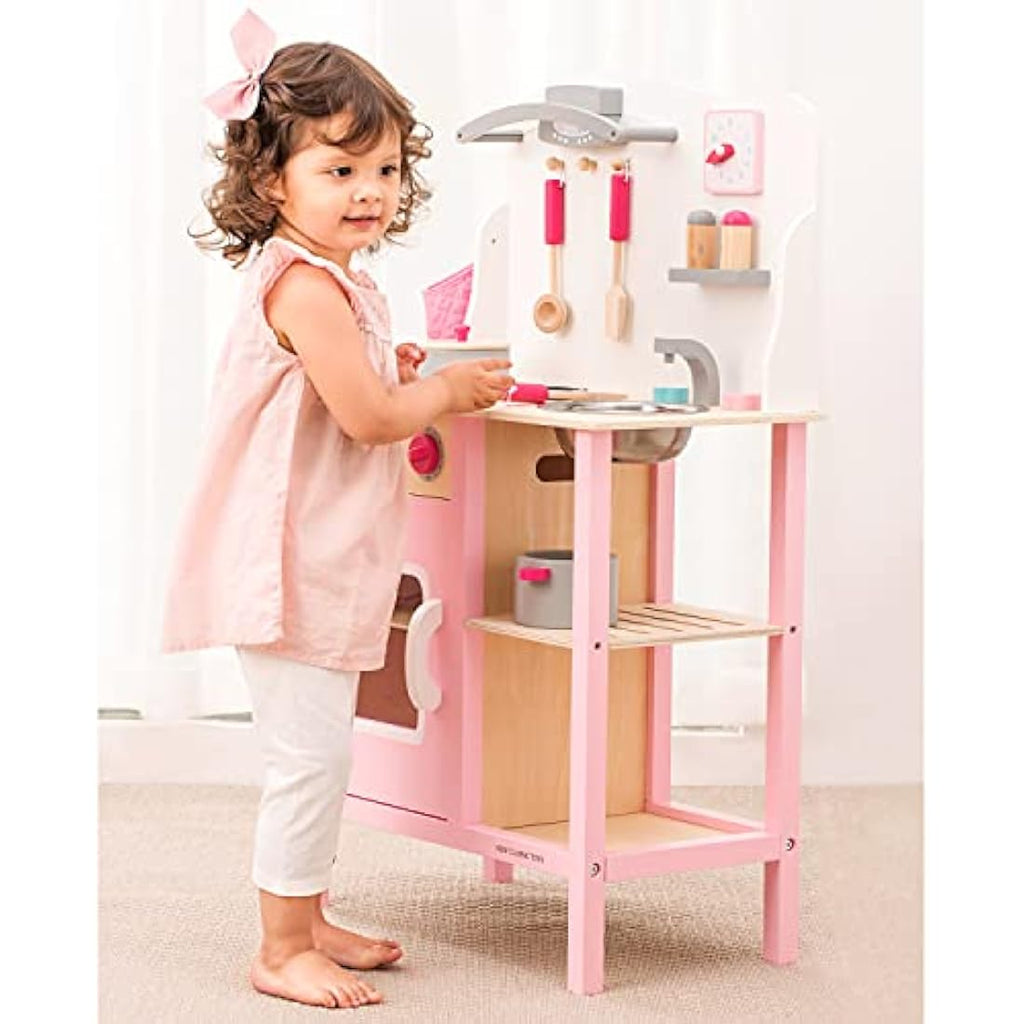 New Classic Toys Wooden Pretend Play Kitchen Set with Accessories – Pink