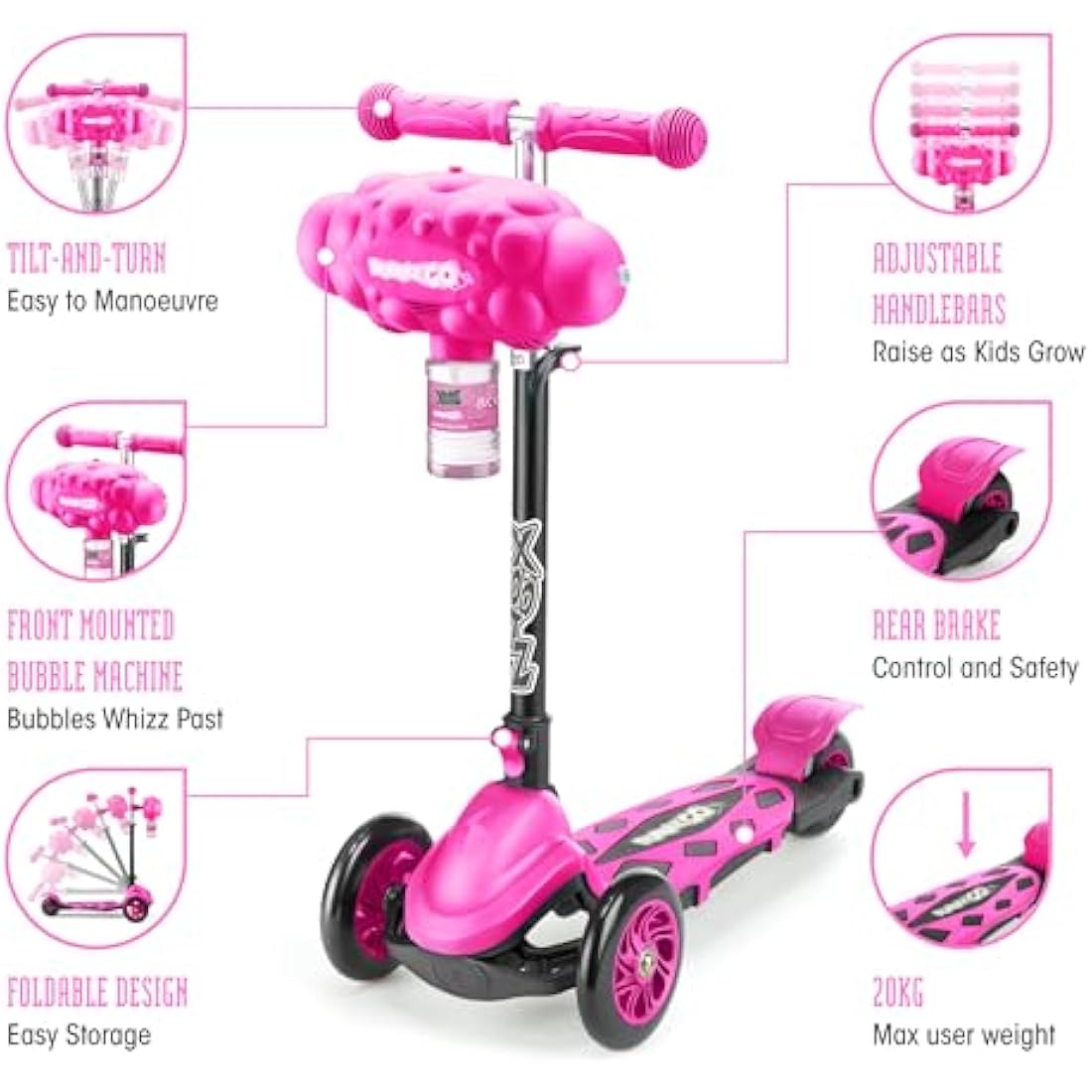 Xootz Bubble Go Kids 3-Wheel Scooter – Foldable Bubble Machine, Pink