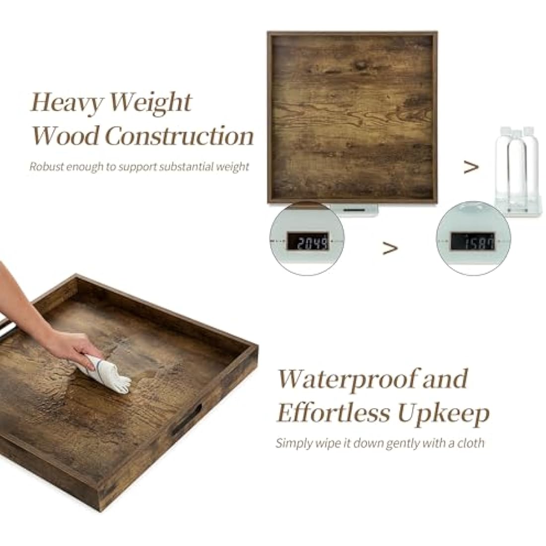 Hanobe Large Wooden Ottoman Serving Tray – 20" Square Coffee Table Platter