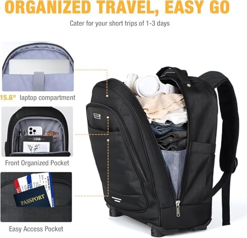 Ponhog 15.6 Inch Laptop Wheeled Backpack – 4 Spinner Wheel Trolley