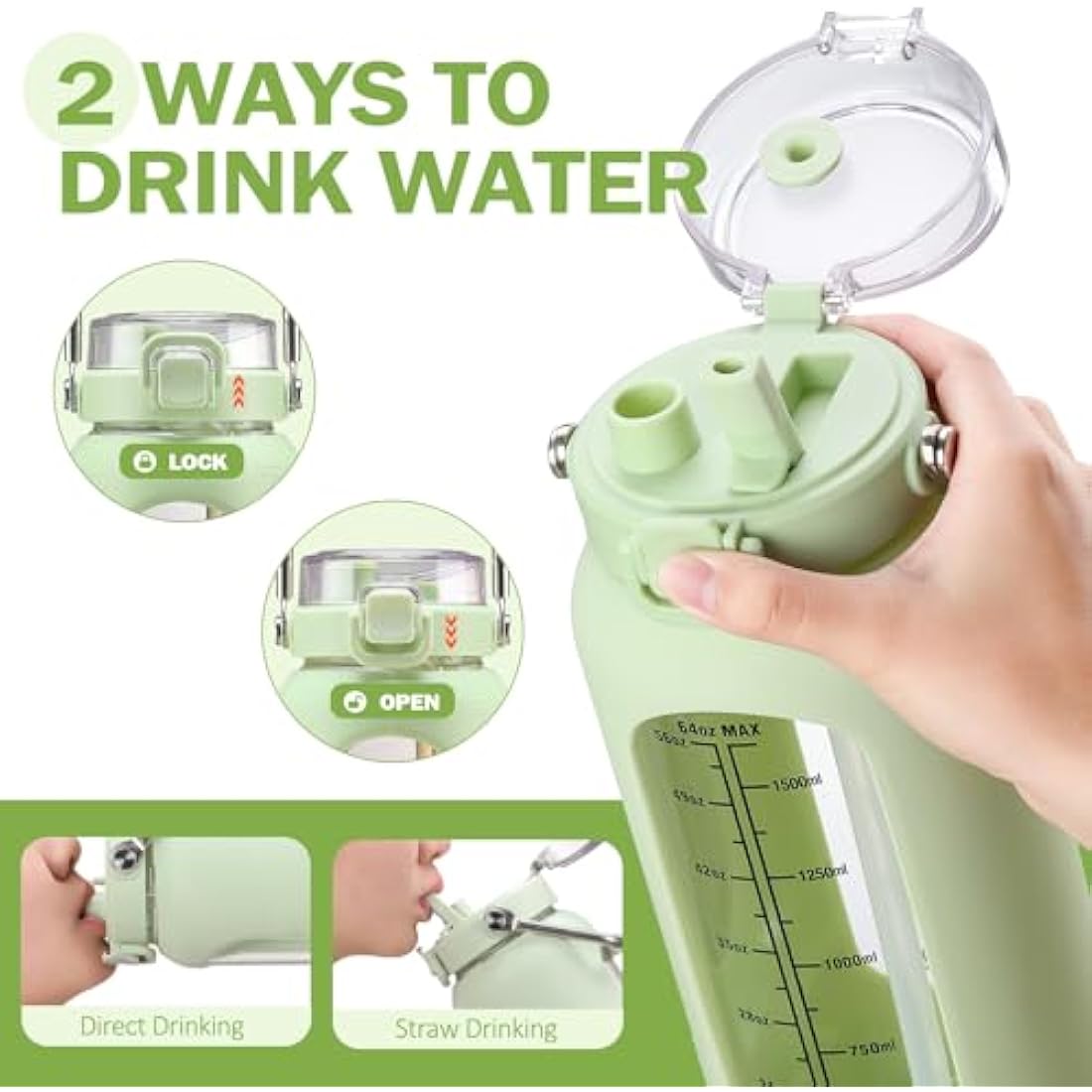 BLUEGO 2L Borosilicate Glass Water Bottle with Time Marker & Straw