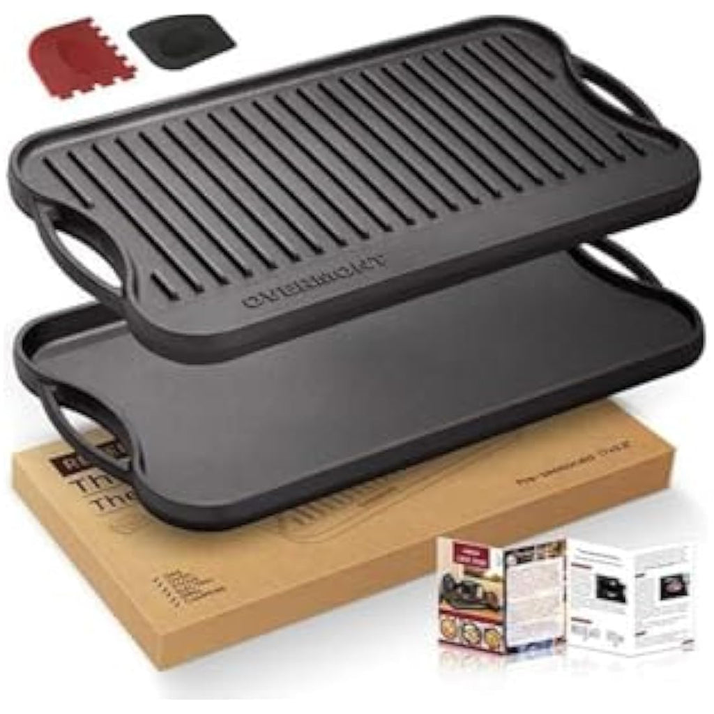 Overmont Pre-Seasoned Cast Iron Reversible Griddle Grill Pan, 17x9.8 Inch