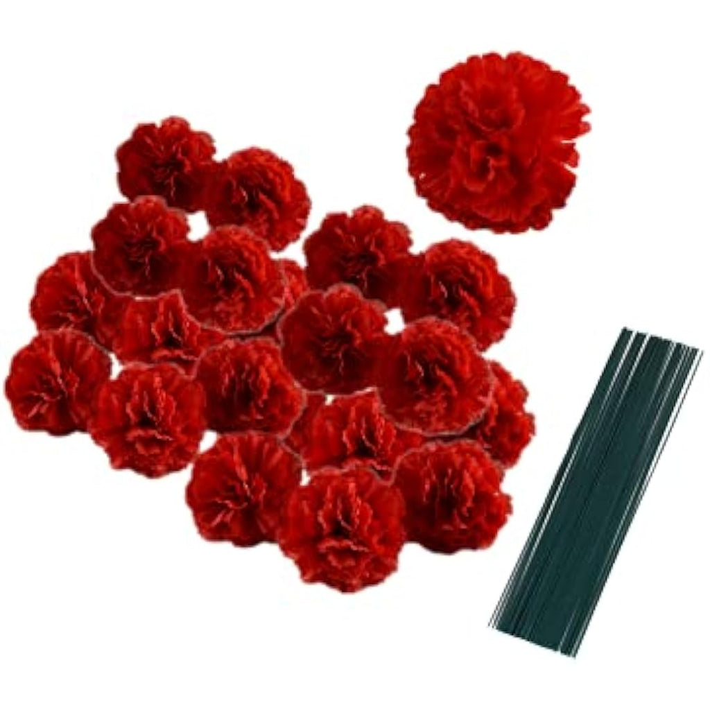 50pc Red Silk Carnation Flower Heads with 8" Stems for DIY
