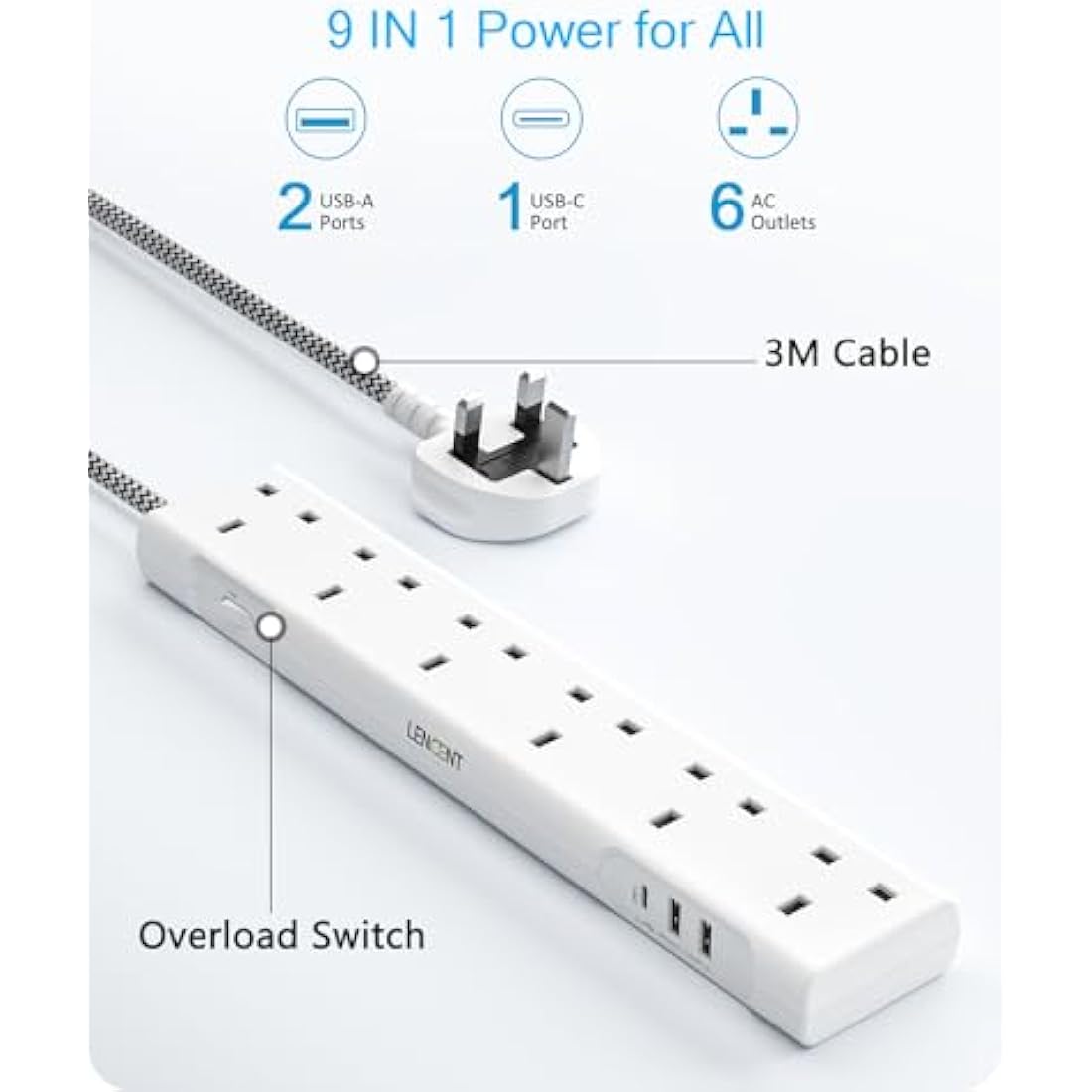 LENCENT 6-Way Power Strip with USB-C | 3M Braided Extension Lead