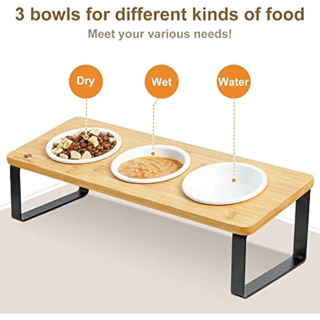 GUUSII HOME Elevated Cat Bowl Set - 3 Tilted Ceramic Bowls with Bamboo Stand