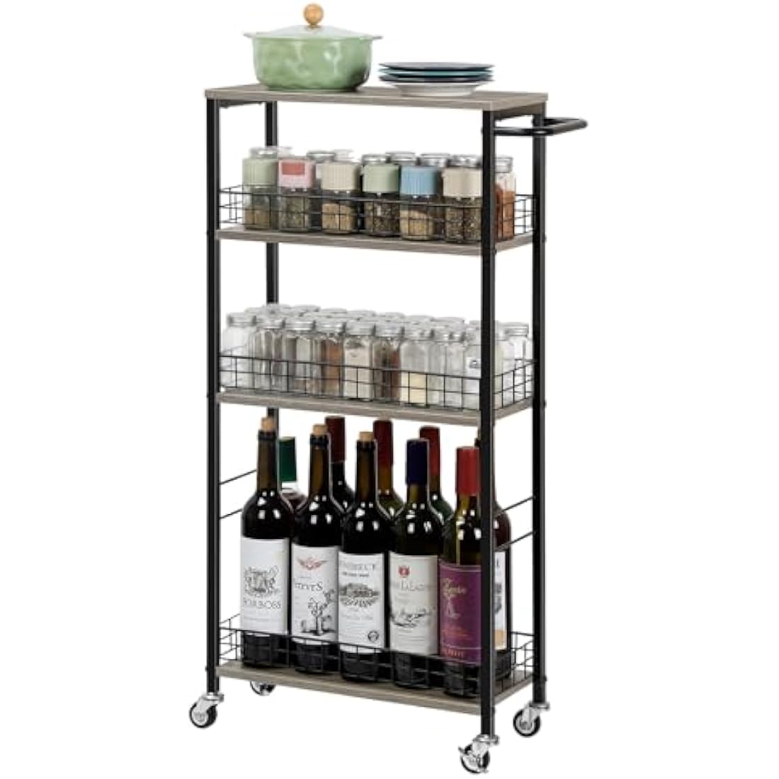 Jolof Store 4-Tier Slim Rolling Kitchen Storage Cart with Wood Top – Grey
