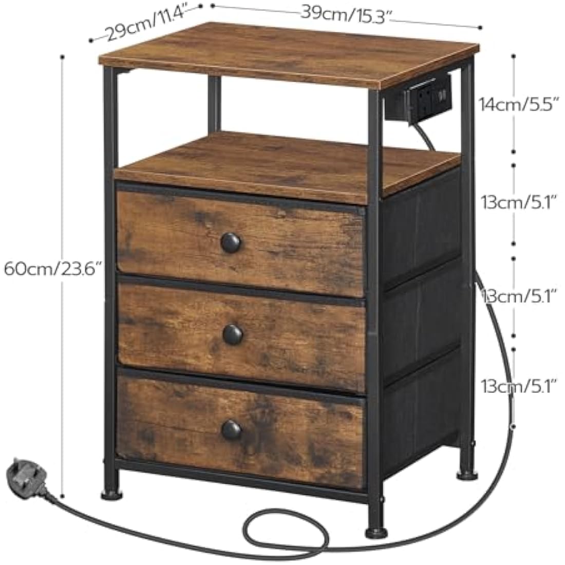 HOOBRO Bedside Table with Charging Station | 3-Drawer Nightstand