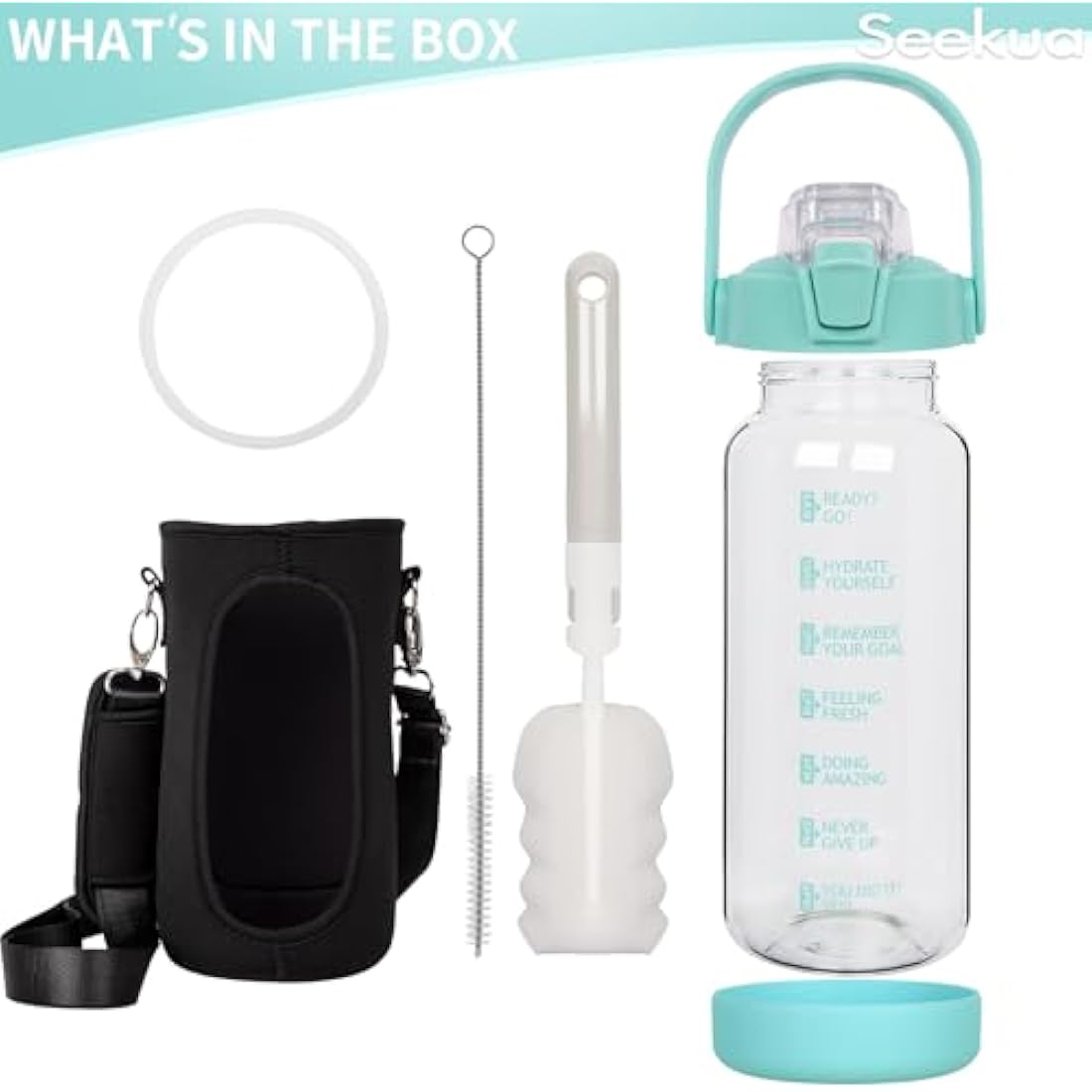 Seekua 2L Glass Water Bottle with Straw - Motivational Gym Bottle