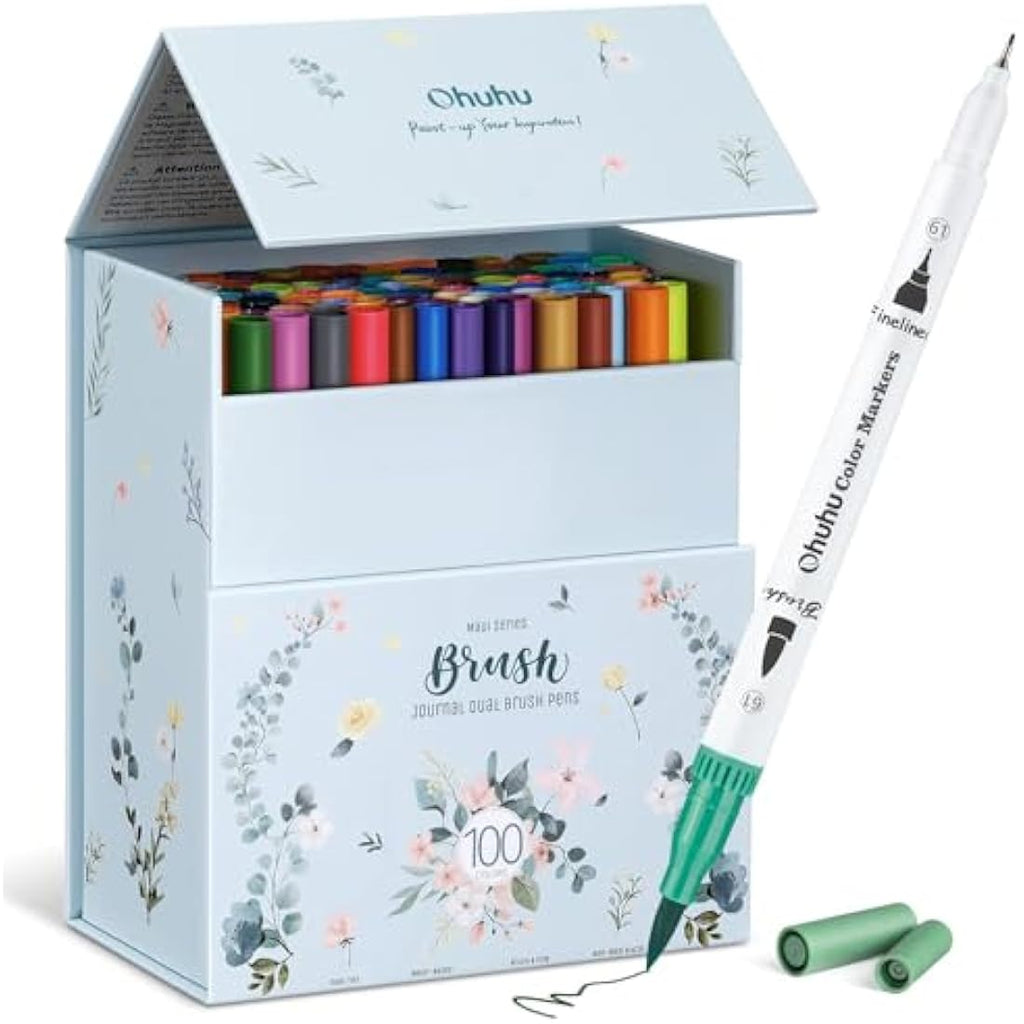 Ohuhu 100 Dual Tip Brush Pens | Art Markers with White Storage Case