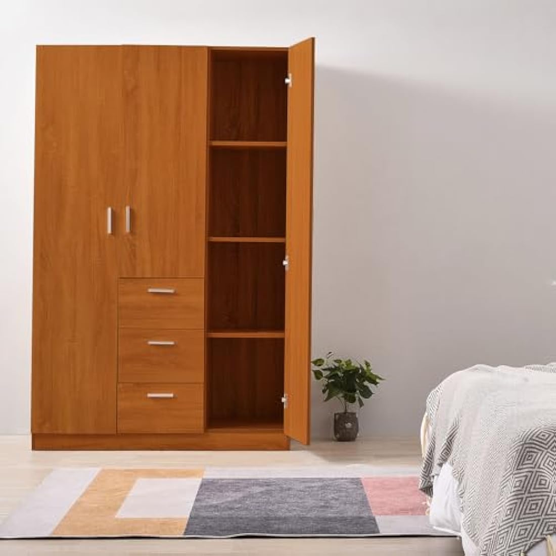 Modern Solid Pine Wood 3 Door Wardrobe with Hanging Rail – Oak