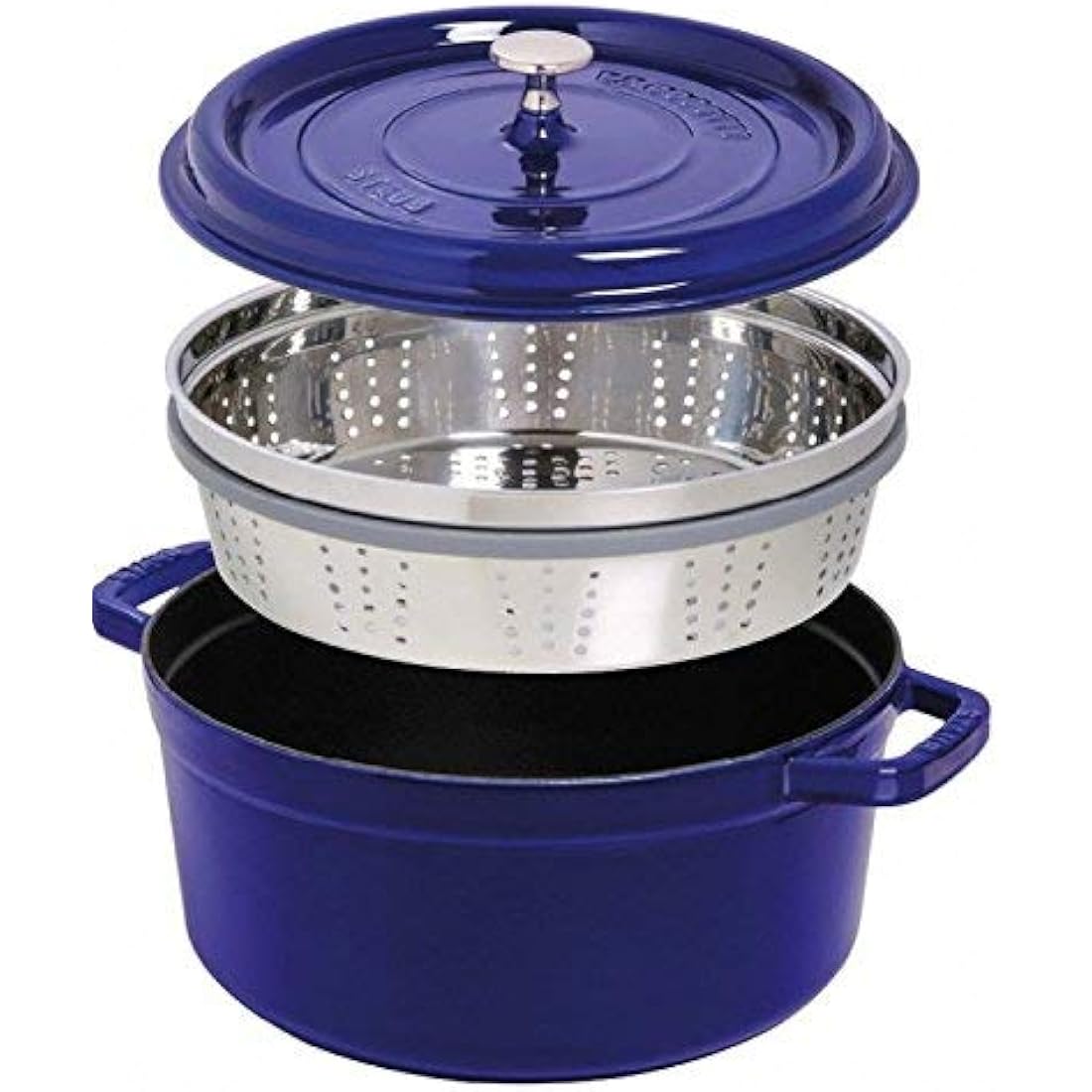 STAUB Cast Iron Round Cocotte with Steamer Insert, 5.2 L – Dark Blue