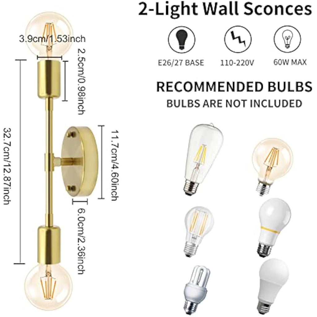 Jolof Store Brushed Gold Wall Sconces | Modern 2-Light Vanity Fixtures