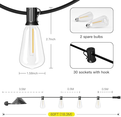 Torkase 60FT LED Garden String Lights | IP54 Waterproof ST38 Festoon Lights