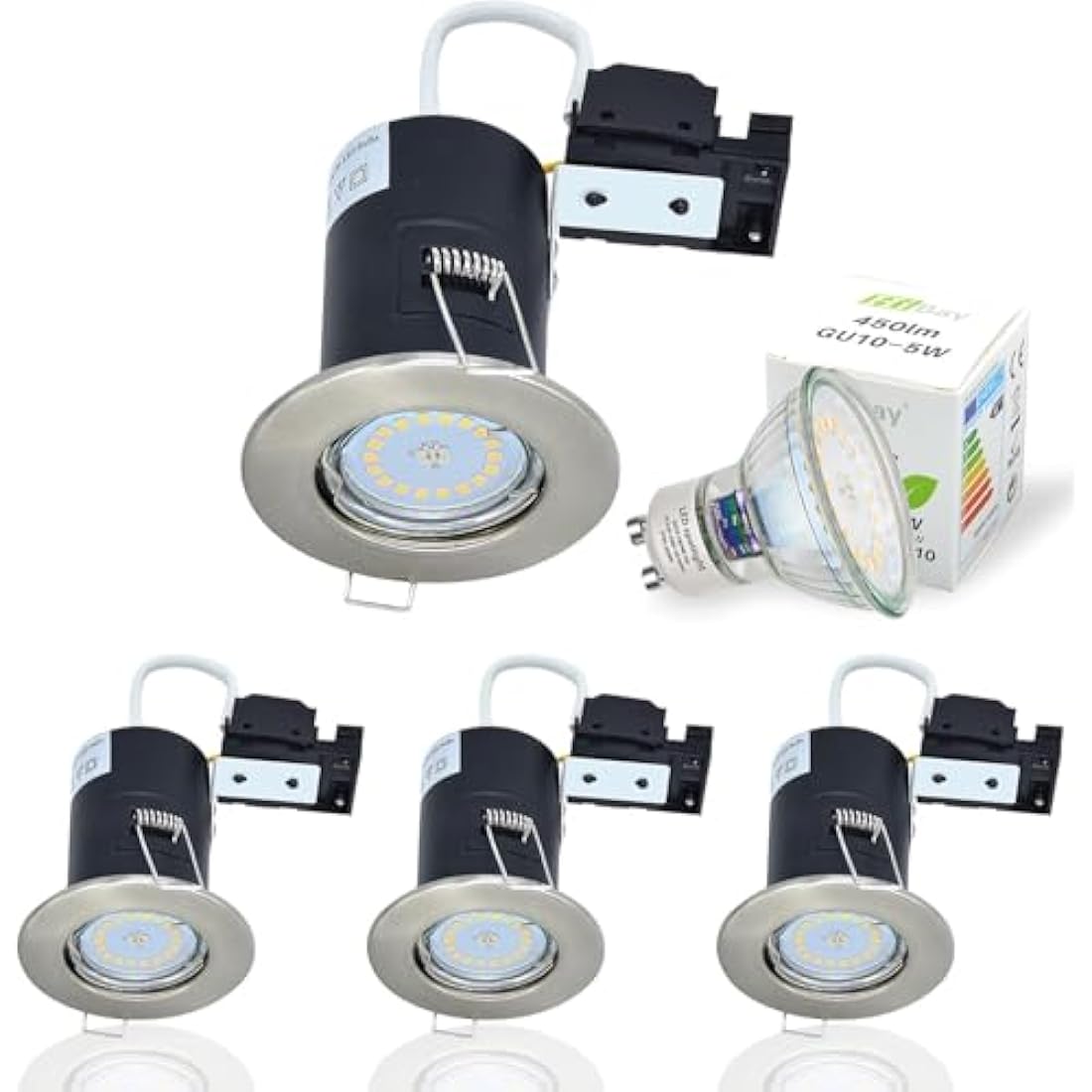HiBay 4-Pack Fire Rated GU10 LED Downlights | Dimmable Brushed Chrome