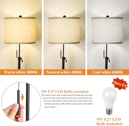 Modern Floor Lamp | Height Adjustable Standing Lamp with Bulb