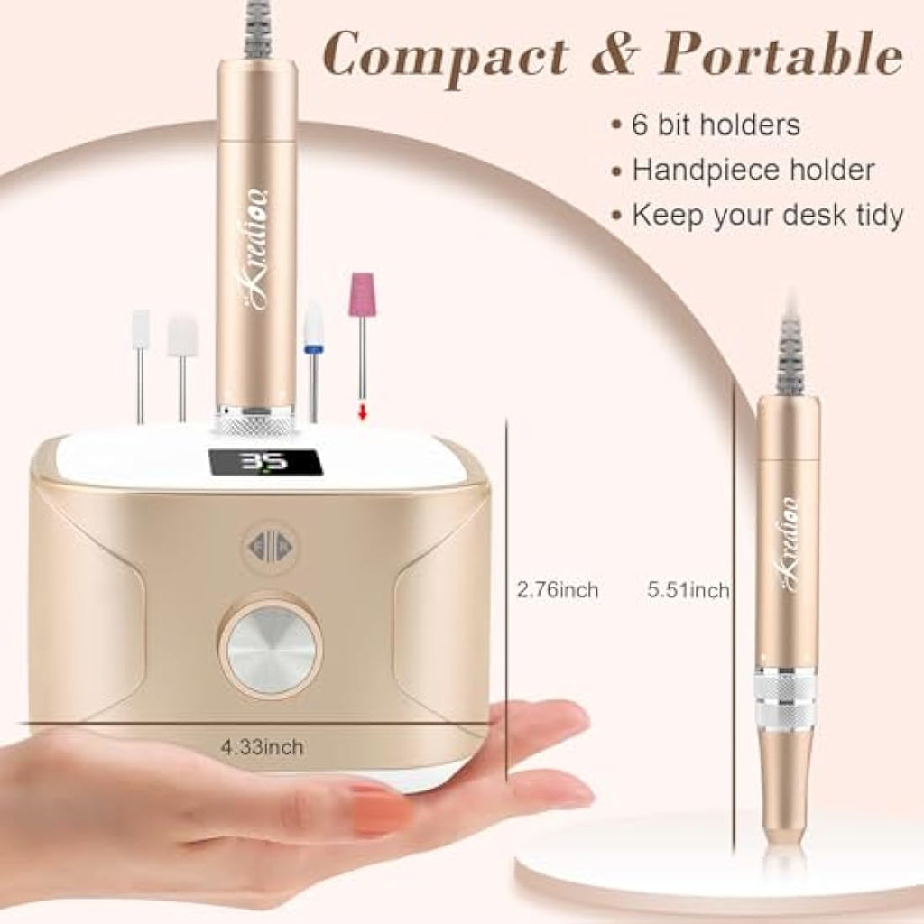 Kredioo Professional Electric Nail Drill - 35,000RPM Manicure Kit (Gold)