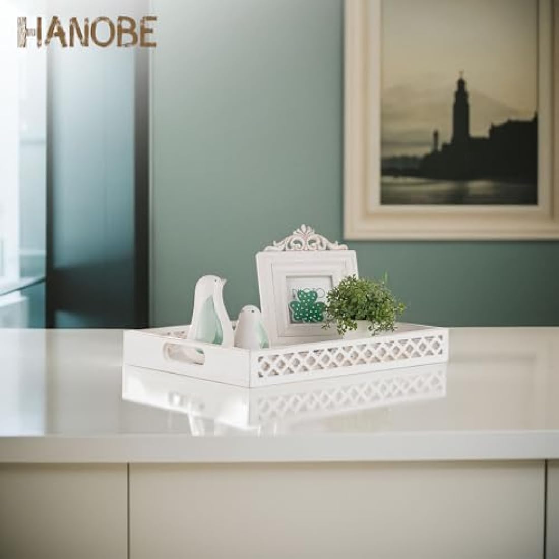 Hanobe Hand-Carved Wooden Serving Tray | Large White Farmhouse Centerpiece