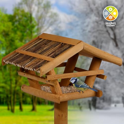 dobar FSC Wooden Bird Feeder with Stand – Reed Roof Weatherproof Villa