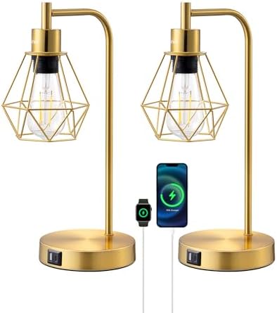 EDISHINE Dimmable Bedside Lamps Set of 2 | Gold Industrial Touch Lamps