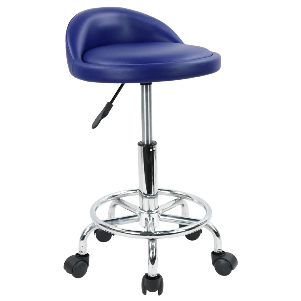KKTONER Blue PU Leather Rolling Stool - Adjustable Swivel SPA Chair