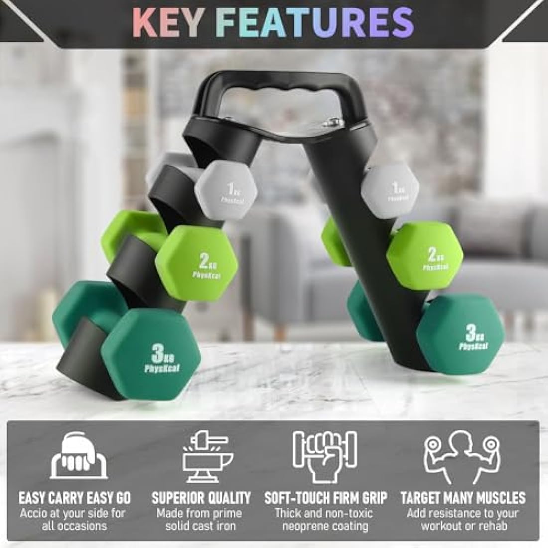 PhysKcal Neoprene Dumbbells Set with Rack - 1kg, 2kg, 3kg Hand Weights