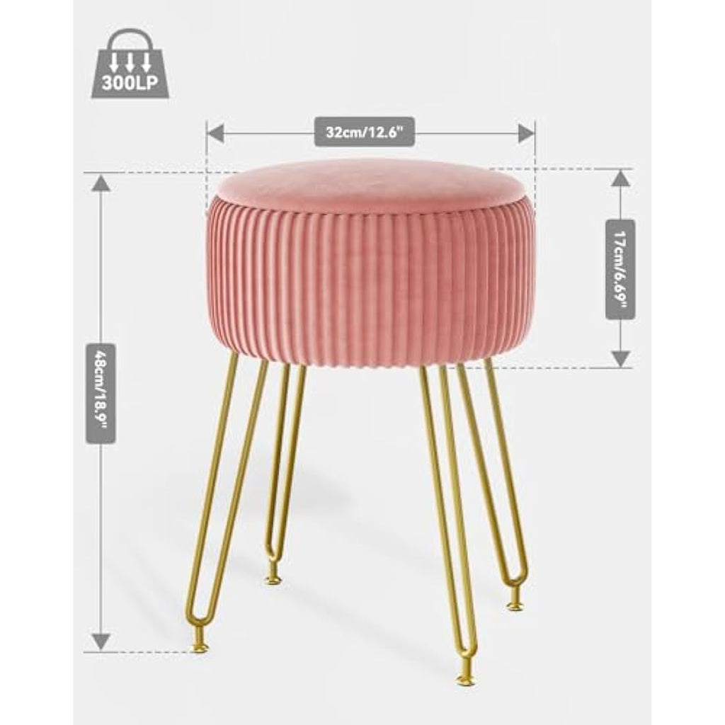 IBUYKE Velvet Storage Ottoman Stool with Gold Legs – Pink Vanity Chair