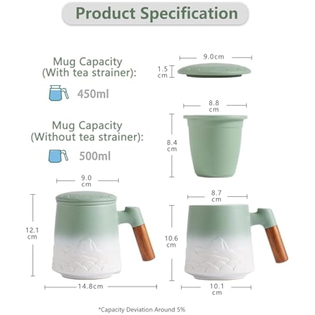 ZENS Ceramic Tea Infuser Mug with Wood Handle and Lid - 500ml Green