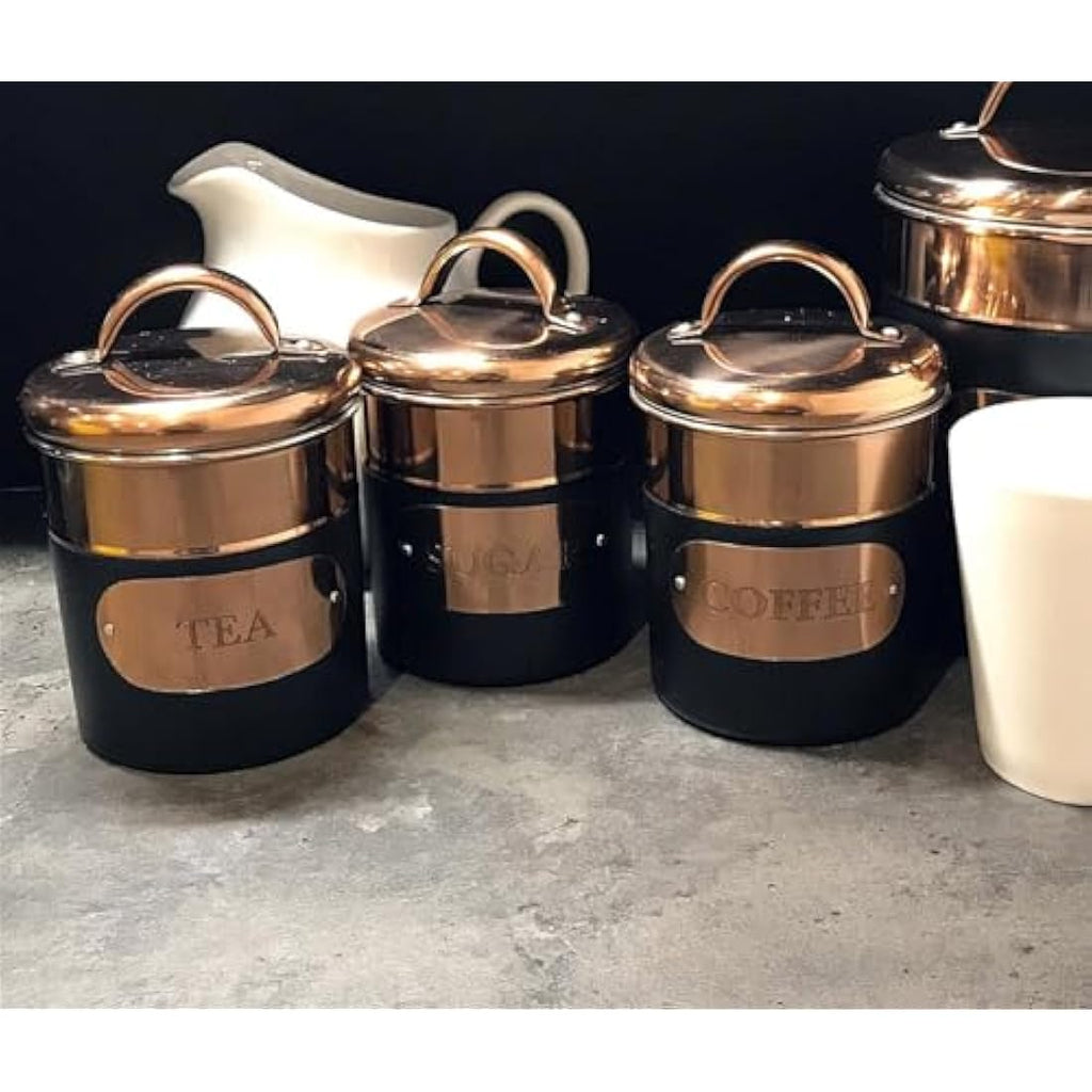 Jolof Store Black & Copper Metal Tea Coffee Sugar Storage Canister Set
