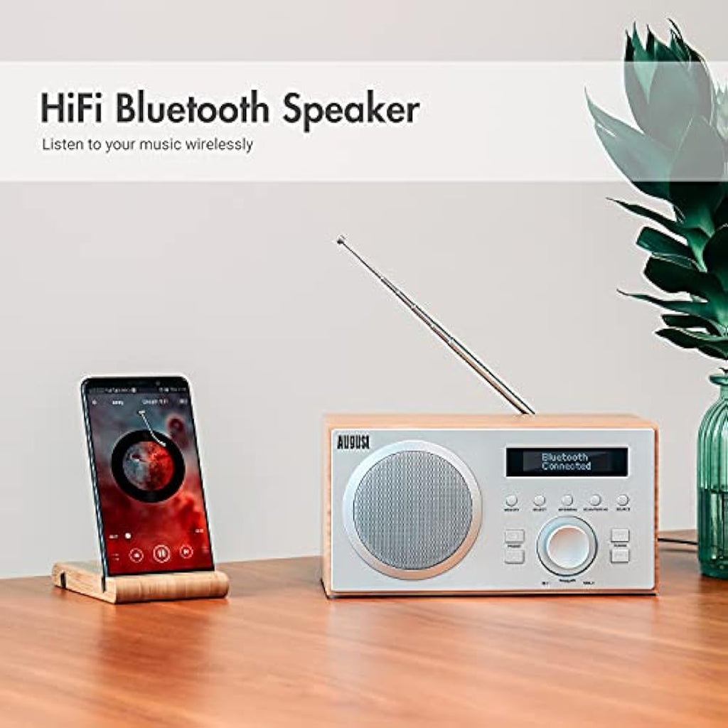 August MB420 DAB+ Digital Radio & Bluetooth Speaker - Dual Alarm - Oak