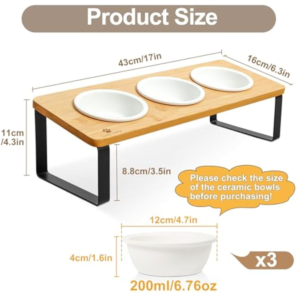 GUUSII HOME Elevated Cat Bowl Set - 3 Tilted Ceramic Bowls with Bamboo Stand