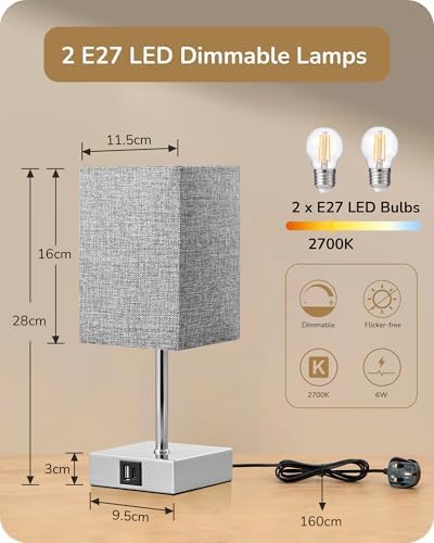 EDISHINE Touch Bedside Lamps Set of 2 | 3-Way Dimmable with USB A+C