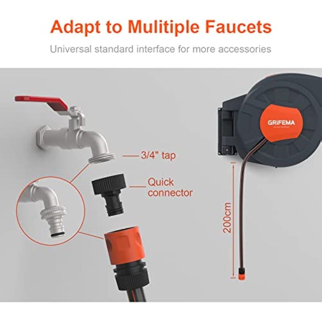 GRIFEMA 35M Retractable Garden Hose Reel | Wall Mounted Auto Rewind