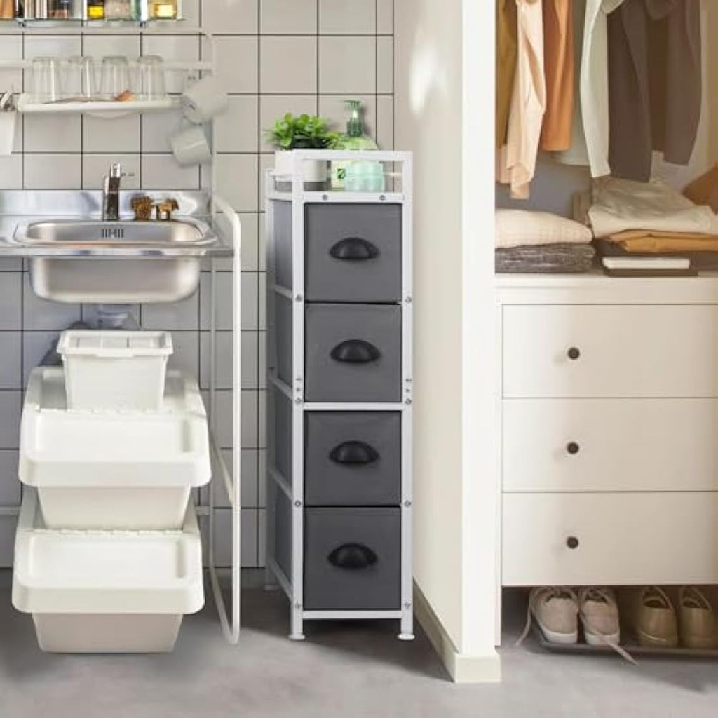 LIANTRAL Narrow Dresser | 4-Drawer Slim Vertical Storage Chest - Grey