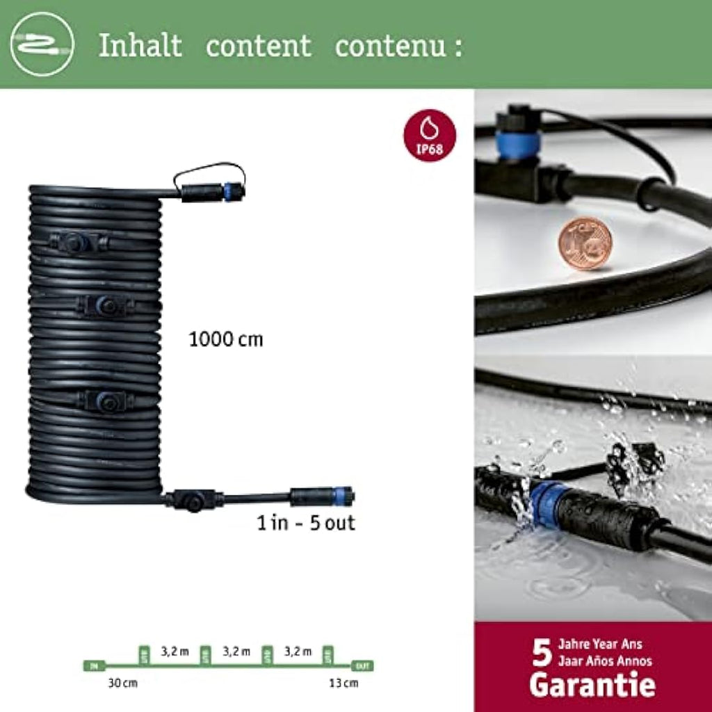 Paulmann Plug & Shine Outdoor Cable IP68 Waterproof 10m – 1-in-5 Out