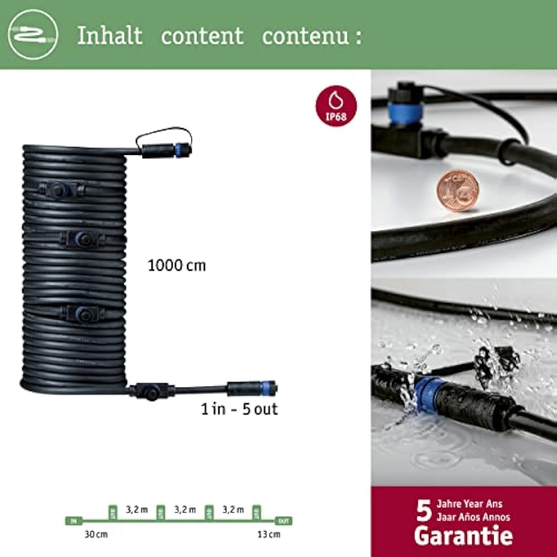 Paulmann Plug & Shine Outdoor Cable IP68 Waterproof 10m – 1-in-5 Out