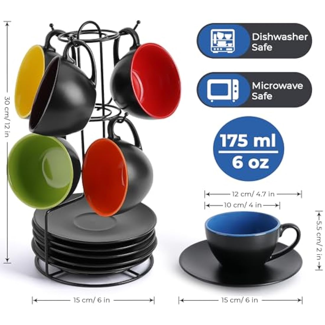 MIAMIO Ceramic Cappuccino Cups Set of 6 with Metal Stand – 175ml